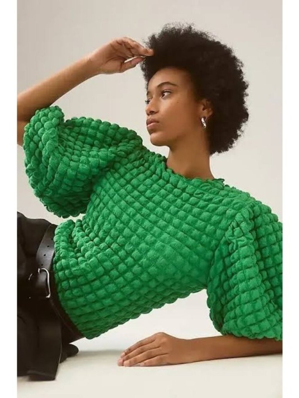 Eri + Ali Anthropologie Women's Textured Puff Sleeve Top Size Small Green